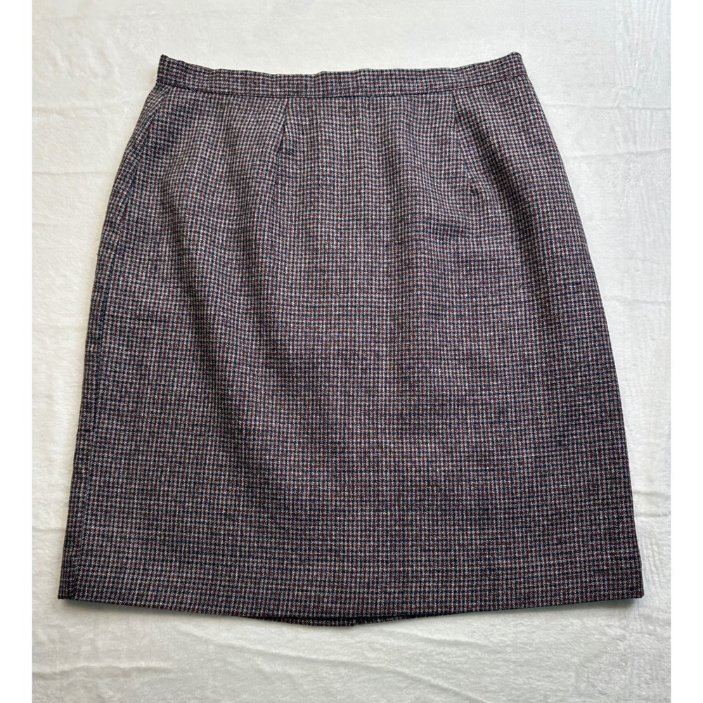 Michael Taylor Pencil Skirt Women 10 Burgundy Navy Houndstooth Wool Vintage